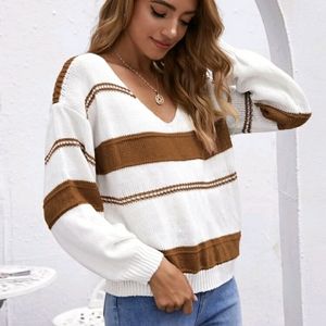 Stripped v neck drop shoulder sweater